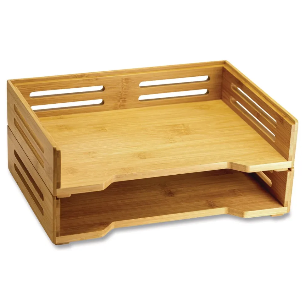 Officemate Bamboo Stackable Desktop Document Trays 2 Sections Letter Size Files 14.09-in x 10.47-in x 4.4-in Brown 2/Pack