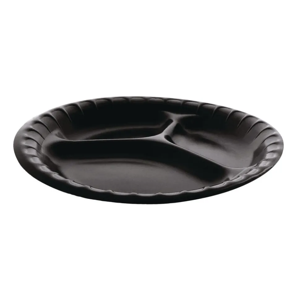 Pactiv Corp. 9 in. Diameter 3-Compartment Placesetter Deluxe Laminated Foam Dinnerware Plate - Black (500/Carton)