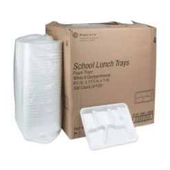 Pactiv Corp. 8.5 in. x 11.5 in. x 1.25 in. 6-Compartment Foam School Trays - White (500/Carton)