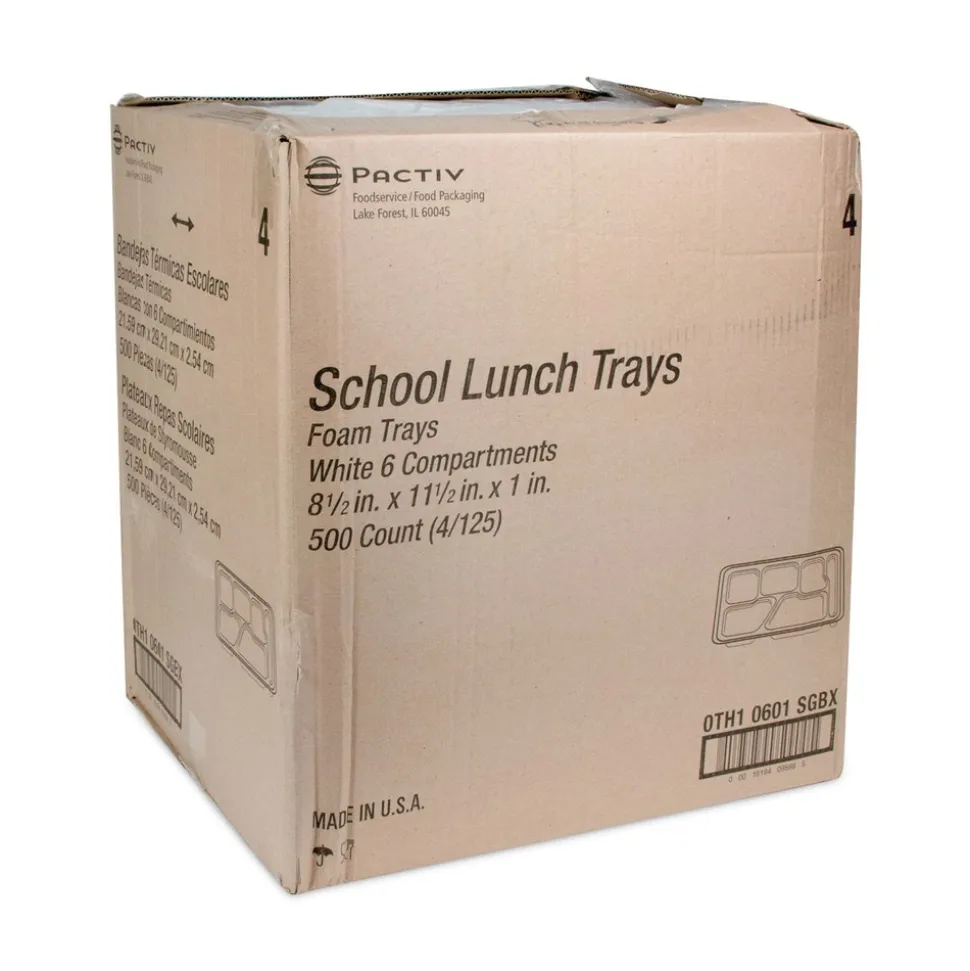 Pactiv Corp. 8.5 in. x 11.5 in. x 1.25 in. 6-Compartment Foam School Trays - White (500/Carton)