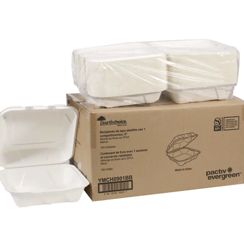 Pactiv Corp. 9 in. x 9 in. x 3 in. Sugarcane EarthChoice PFAS Free Compostable Hinged Lid Container - White (150/Carton)