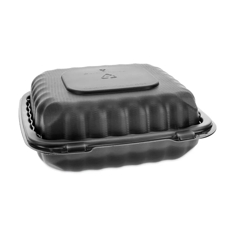 Pactiv Corp. 8.31 in. x 8.35 in. x 3.1 in. EarthChoice SmartLock Microwavable MFPP Plastic Hinged Lid Container - Black (200/Carton)