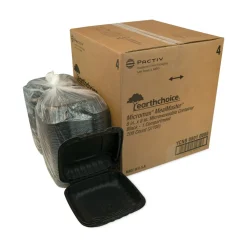 Pactiv Corp. 8.31 in. x 8.35 in. x 3.1 in. EarthChoice SmartLock Microwavable MFPP Plastic Hinged Lid Container - Black (200/Carton)