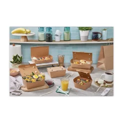 Pactiv Corp. 9 in. x 4.85 in. x 2 in. EarthChoice Tamper Evident OneBox Paper Box - Kraft (100/Carton)