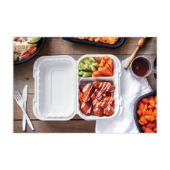 Pactiv Corp. 9 in. x 6 in. x 3 in. 2-Compartment EarthChoice SmartLock Microwavable MFPP Plastic Hinged Lid Container - White (270/Carton)