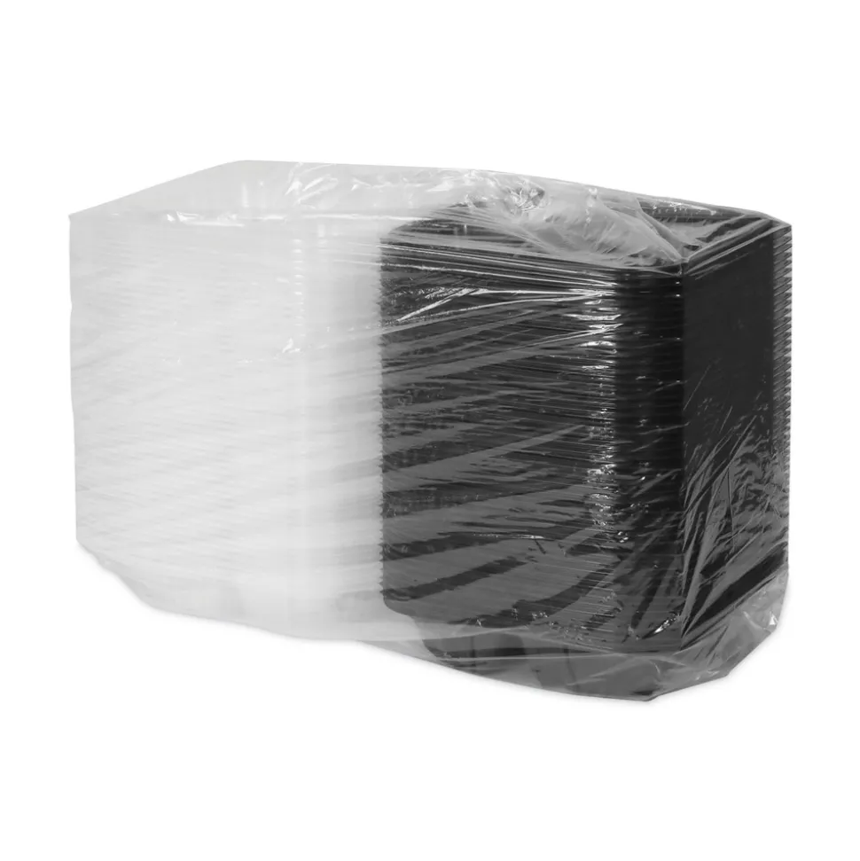 Pactiv Corp. 33 oz. 8-1/2 in. x 8-1/5 in. x 3 in. 3-Compartment EarthChoice Vented Dual Color Microwavable Hinged Lid Container - Black/Clear (150/Carton)