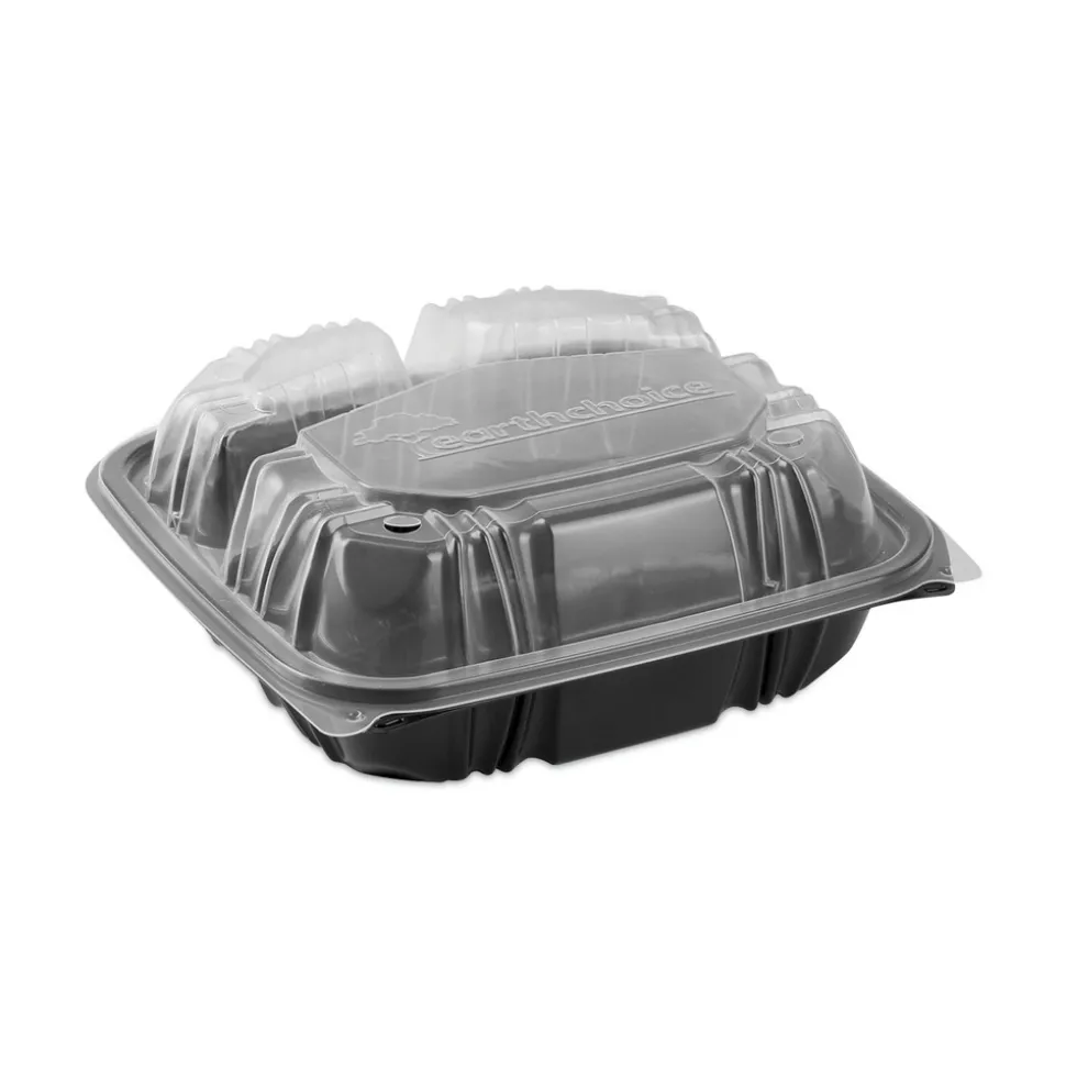 Pactiv Corp. 33 oz. 8-1/2 in. x 8-1/5 in. x 3 in. 3-Compartment EarthChoice Vented Dual Color Microwavable Hinged Lid Container - Black/Clear (150/Carton)