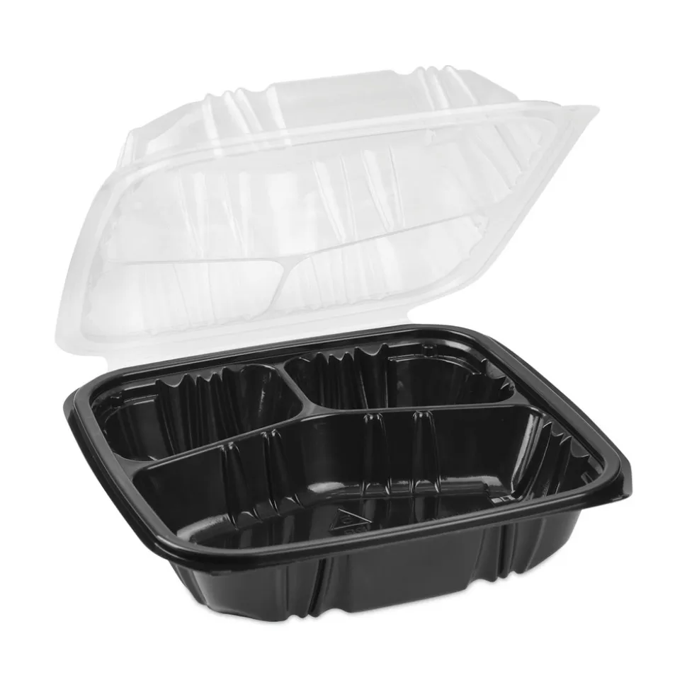 Pactiv Corp. 33 oz. 8-1/2 in. x 8-1/5 in. x 3 in. 3-Compartment EarthChoice Vented Dual Color Microwavable Hinged Lid Container - Black/Clear (150/Carton)