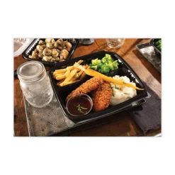 Pactiv Corp. 33 oz. 8-1/2 in. x 8-1/5 in. x 3 in. 3-Compartment EarthChoice Vented Dual Color Microwavable Hinged Lid Container - Black/Clear (150/Carton)