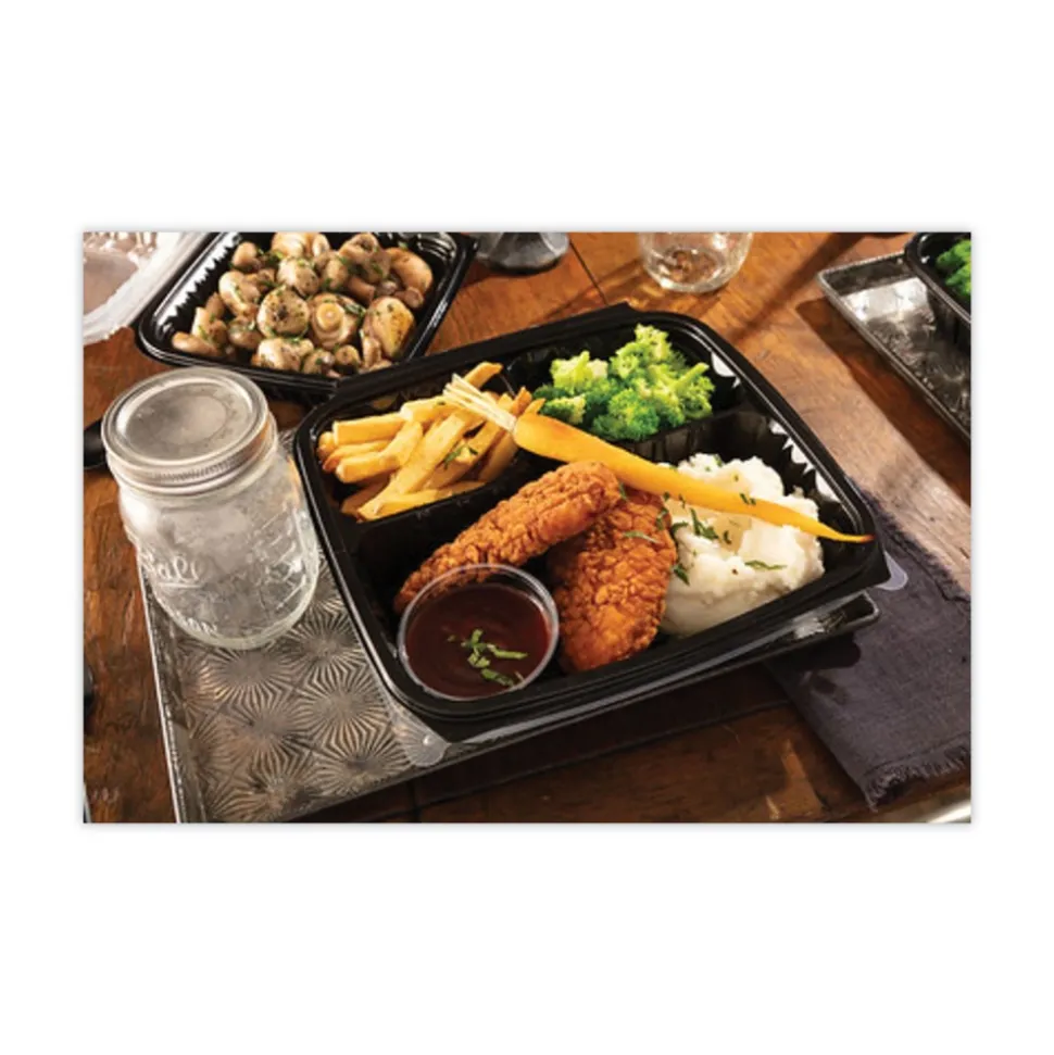 Pactiv Corp. 33 oz. 8-1/2 in. x 8-1/5 in. x 3 in. 3-Compartment EarthChoice Vented Dual Color Microwavable Hinged Lid Container - Black/Clear (150/Carton)