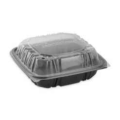 Pactiv Corp. 28 oz 7.5 x 7.5 x 3 EarthChoice Vented Dual Color Microwavable Plastic Hinged Lid Container - Black/Clear (150/Carton)