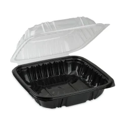 Pactiv Corp. 28 oz 7.5 x 7.5 x 3 EarthChoice Vented Dual Color Microwavable Plastic Hinged Lid Container - Black/Clear (150/Carton)