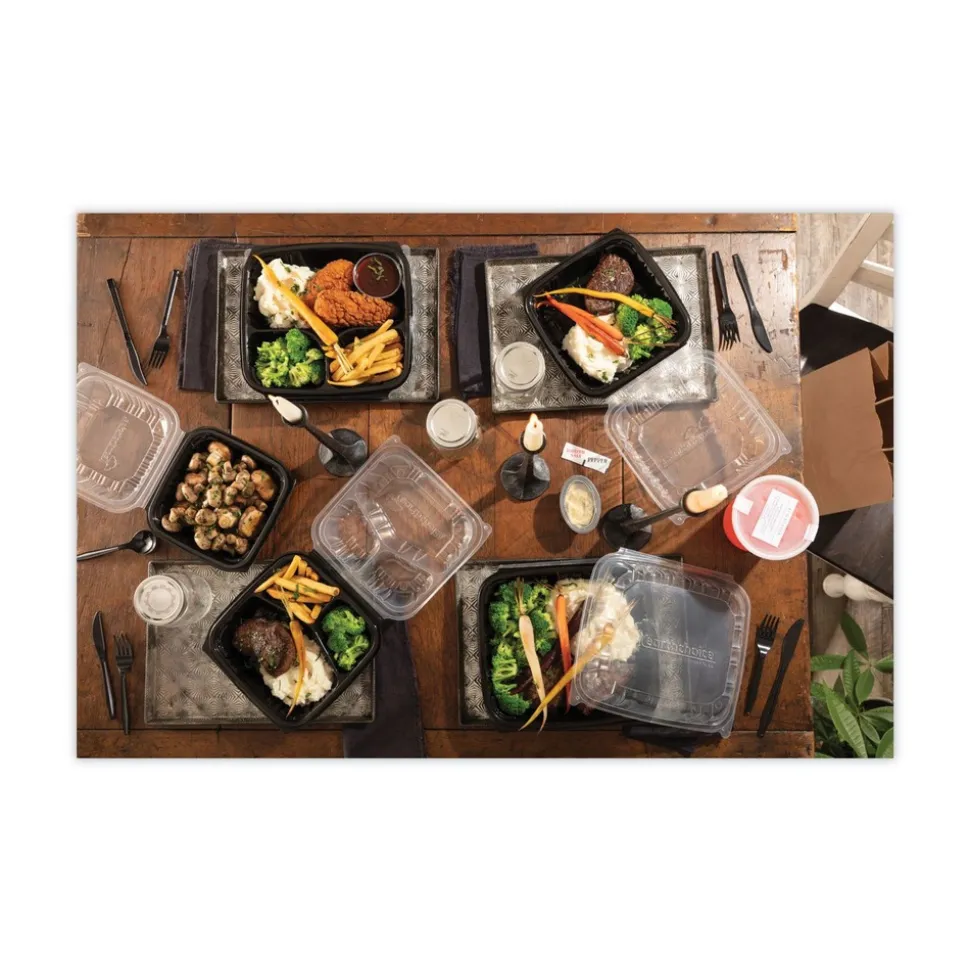 Pactiv Corp. 28 oz 7.5 x 7.5 x 3 EarthChoice Vented Dual Color Microwavable Plastic Hinged Lid Container - Black/Clear (150/Carton)
