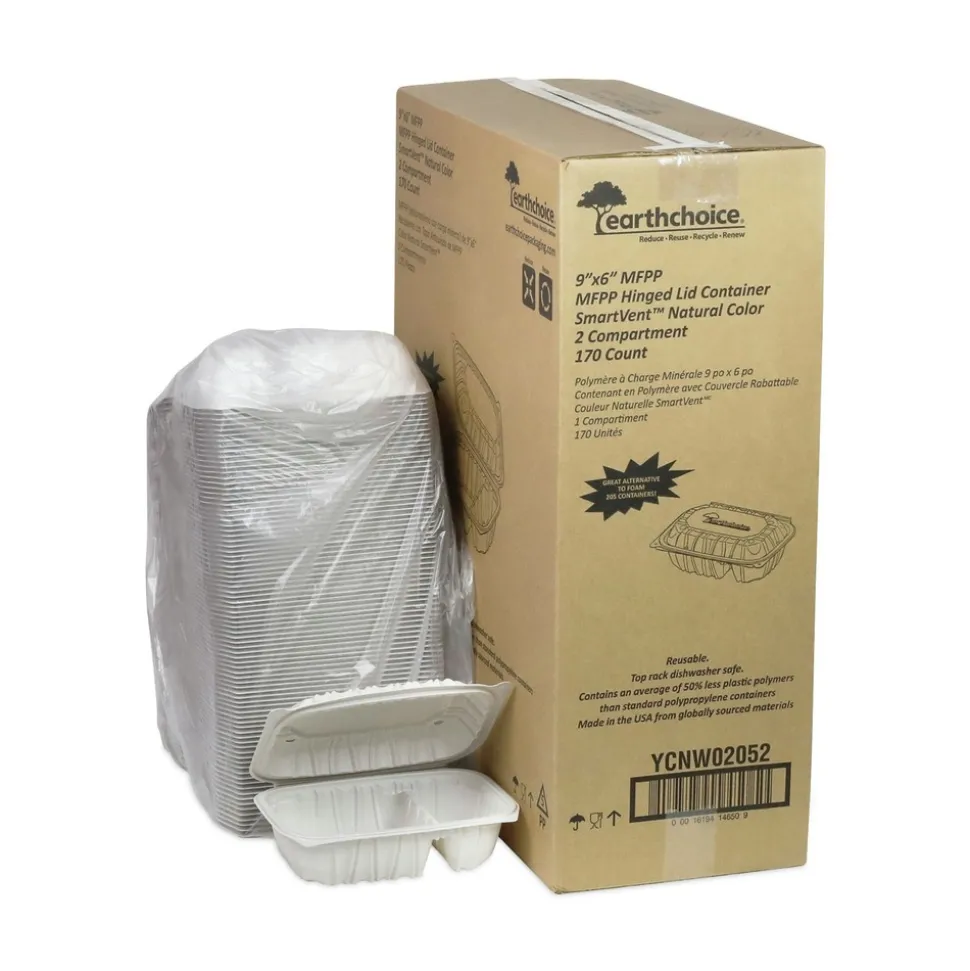 Pactiv Corp. 2-Compartment 9 x 6 x 3.1 EarthChoice Vented Microwavable MFPP Plastic Hinged Lid Container - White (170/Carton)