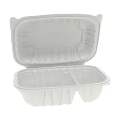 Pactiv Corp. 2-Compartment 9 x 6 x 3.1 EarthChoice Vented Microwavable MFPP Plastic Hinged Lid Container - White (170/Carton)
