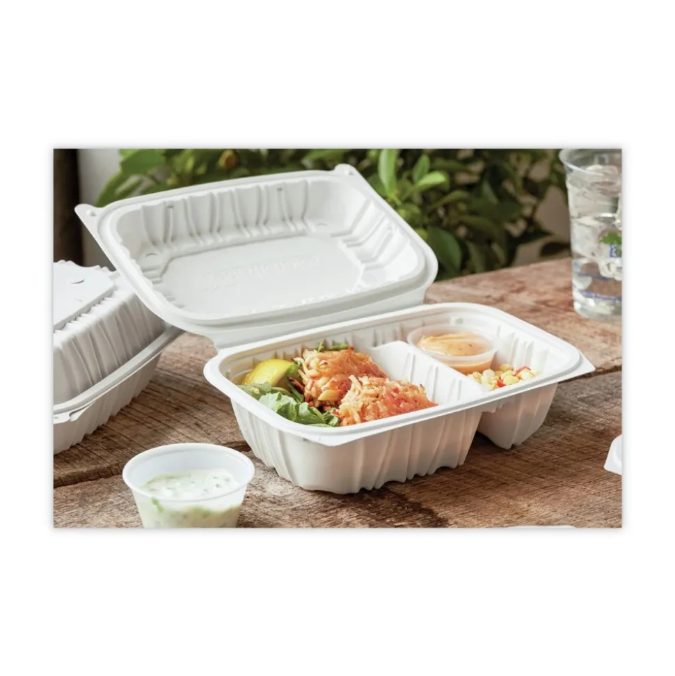 Pactiv Corp. 2-Compartment 9 x 6 x 3.1 EarthChoice Vented Microwavable MFPP Plastic Hinged Lid Container - White (170/Carton)
