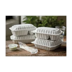 Pactiv Corp. 2-Compartment 9 x 6 x 3.1 EarthChoice Vented Microwavable MFPP Plastic Hinged Lid Container - White (170/Carton)