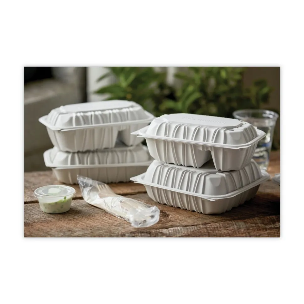 Pactiv Corp. 2-Compartment 9 x 6 x 3.1 EarthChoice Vented Microwavable MFPP Plastic Hinged Lid Container - White (170/Carton)