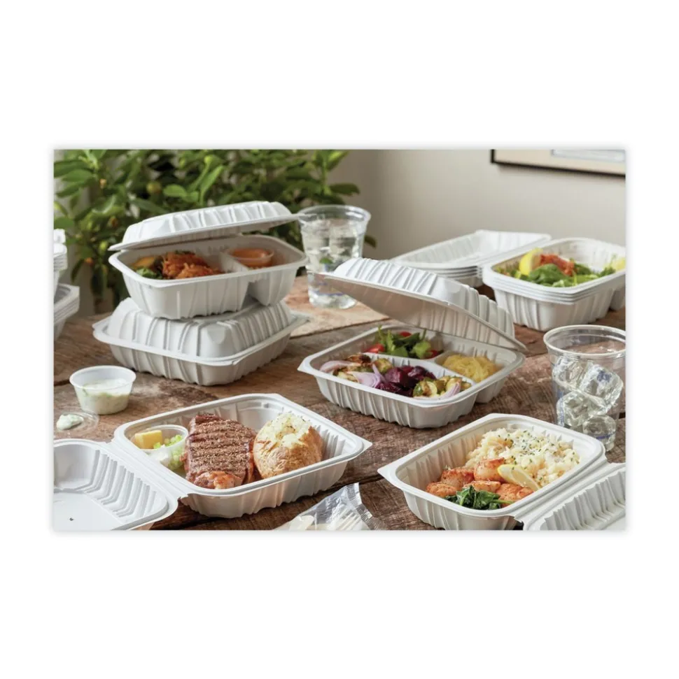 Pactiv Corp. 2-Compartment 9 x 6 x 3.1 EarthChoice Vented Microwavable MFPP Plastic Hinged Lid Container - White (170/Carton)