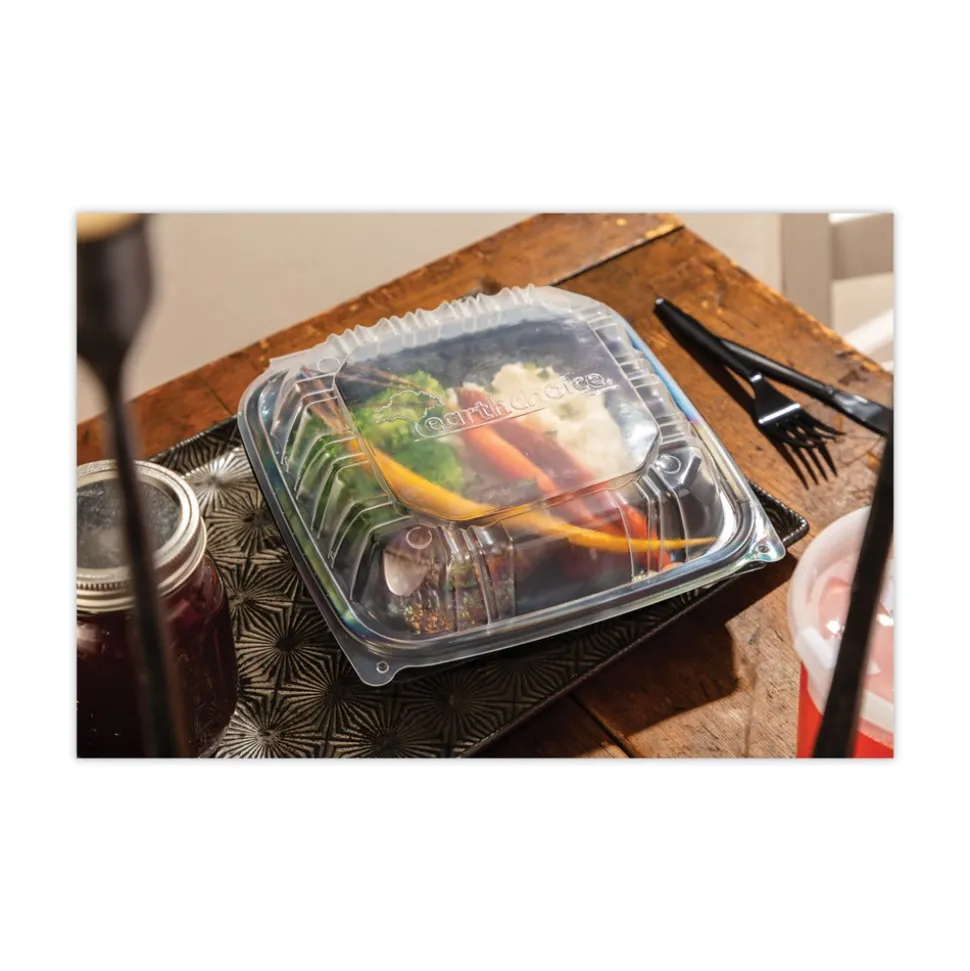 Pactiv Corp. DC858100B000 38 oz 8.5 x 8.5 x 3 EarthChoice Vented Dual Color Microwavable Plastic Hinged Lid Container - Black/Clear (150/Carton)