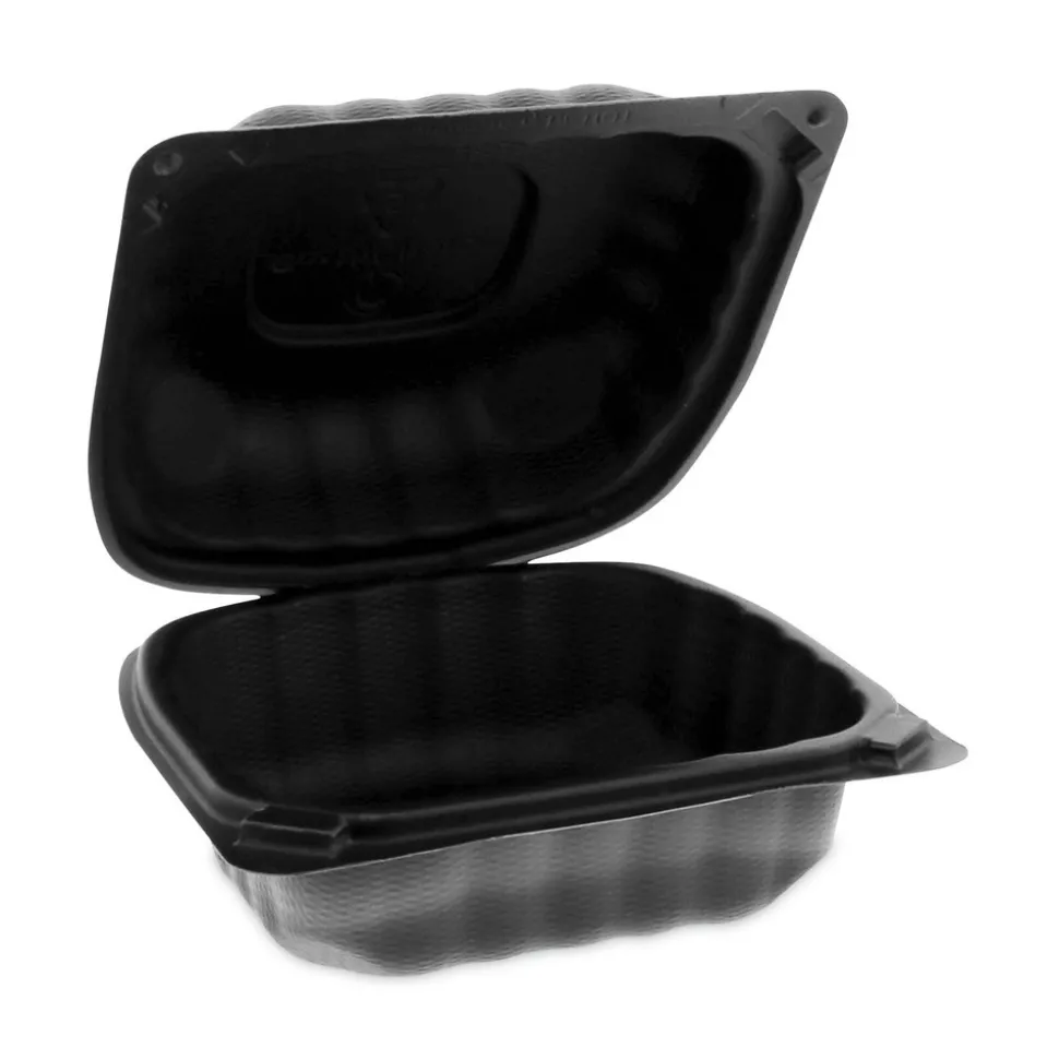 Pactiv Corp. EarthChoice 5.75 in. x 5.95 in. x 3.1 in. Microwavable MFPP Plastic Hinged Lid Container With SmartLock - Black (400/Carton)