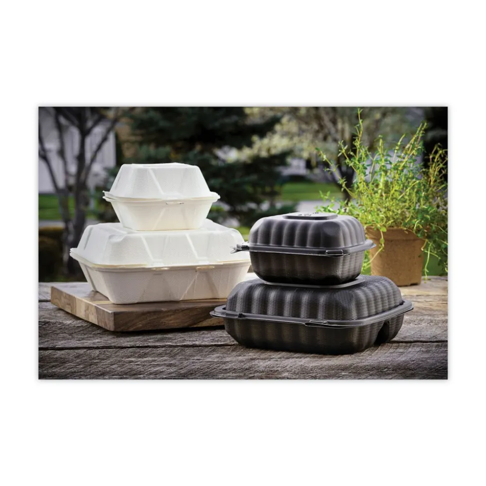 Pactiv Corp. EarthChoice 5.75 in. x 5.95 in. x 3.1 in. Microwavable MFPP Plastic Hinged Lid Container With SmartLock - Black (400/Carton)