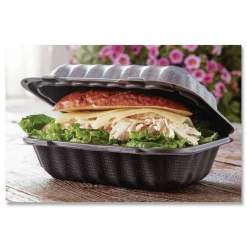 Pactiv Corp. EarthChoice 9 in. x 6 in. x 3.25 in. Plastic SmartLock Microwavable MFPP Hinged Lid Container - Black (270/Carton)