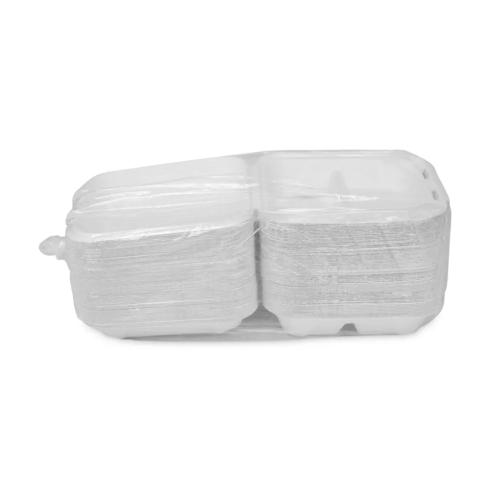 Pactiv Corp. EarthChoice 7.8 in. x 7.8 in. x 2.8 in. Bagasse Hinged Lid 3-Compartment Container with Dual Tab Lock - Natural (150/Carton)