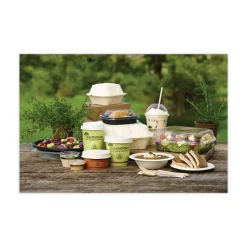 Pactiv Corp. EarthChoice 7.8 in. x 7.8 in. x 2.8 in. Bagasse Hinged Lid 3-Compartment Container with Dual Tab Lock - Natural (150/Carton)