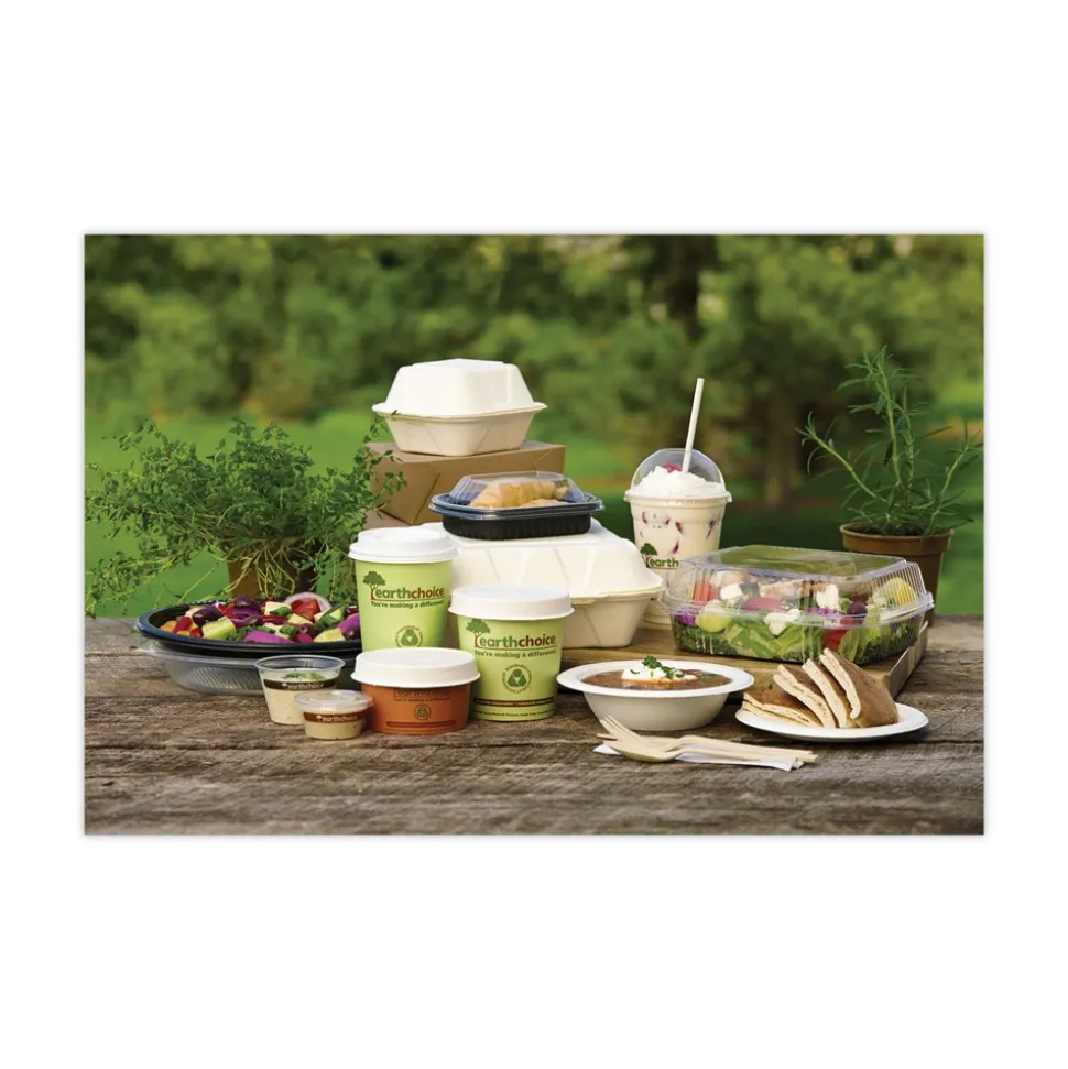 Pactiv Corp. EarthChoice 7.8 in. x 7.8 in. x 2.8 in. Bagasse Hinged Lid 3-Compartment Container with Dual Tab Lock - Natural (150/Carton)