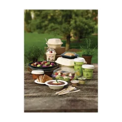 Pactiv Corp. EarthChoice 7.8 in. x 7.8 in. x 2.8 in. Bagasse Hinged Lid 3-Compartment Container with Dual Tab Lock - Natural (150/Carton)