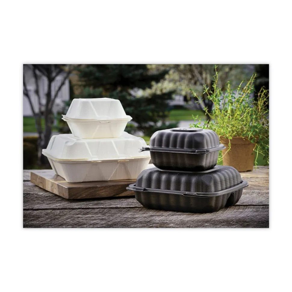 Pactiv Corp. EarthChoice 7.8 in. x 7.8 in. x 2.8 in. Bagasse Hinged Lid 3-Compartment Container with Dual Tab Lock - Natural (150/Carton)