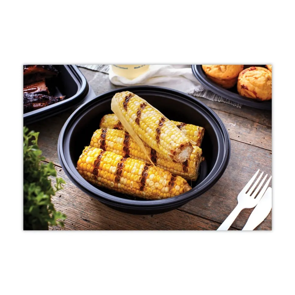 Pactiv Corp. EarthChoice MealMaster 8 in. Diameter x 2.12 in. H 32 oz. Plastic Container with Lid - Black/Clear (250/Carton)