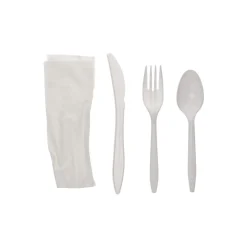 Pactiv Corp. Individually Wrapped Mediumweight Plastic Fieldware Cutlery Fork/Knife/Napkin/Spoon Kit - White (250/Carton)