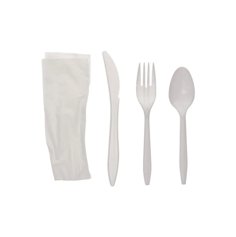 Pactiv Corp. Individually Wrapped Mediumweight Plastic Fieldware Cutlery Fork/Knife/Napkin/Spoon Kit - White (250/Carton)