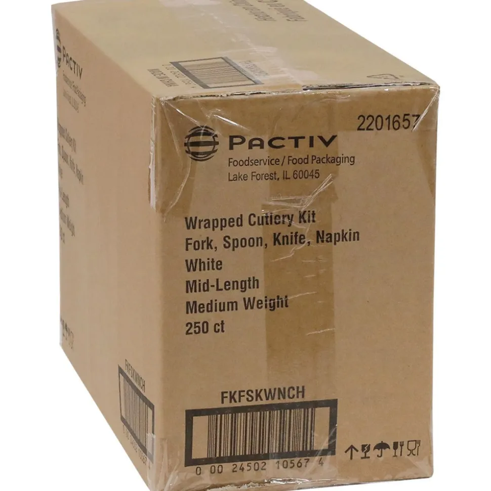 Pactiv Corp. Individually Wrapped Mediumweight Plastic Fieldware Cutlery Fork/Knife/Napkin/Spoon Kit - White (250/Carton)