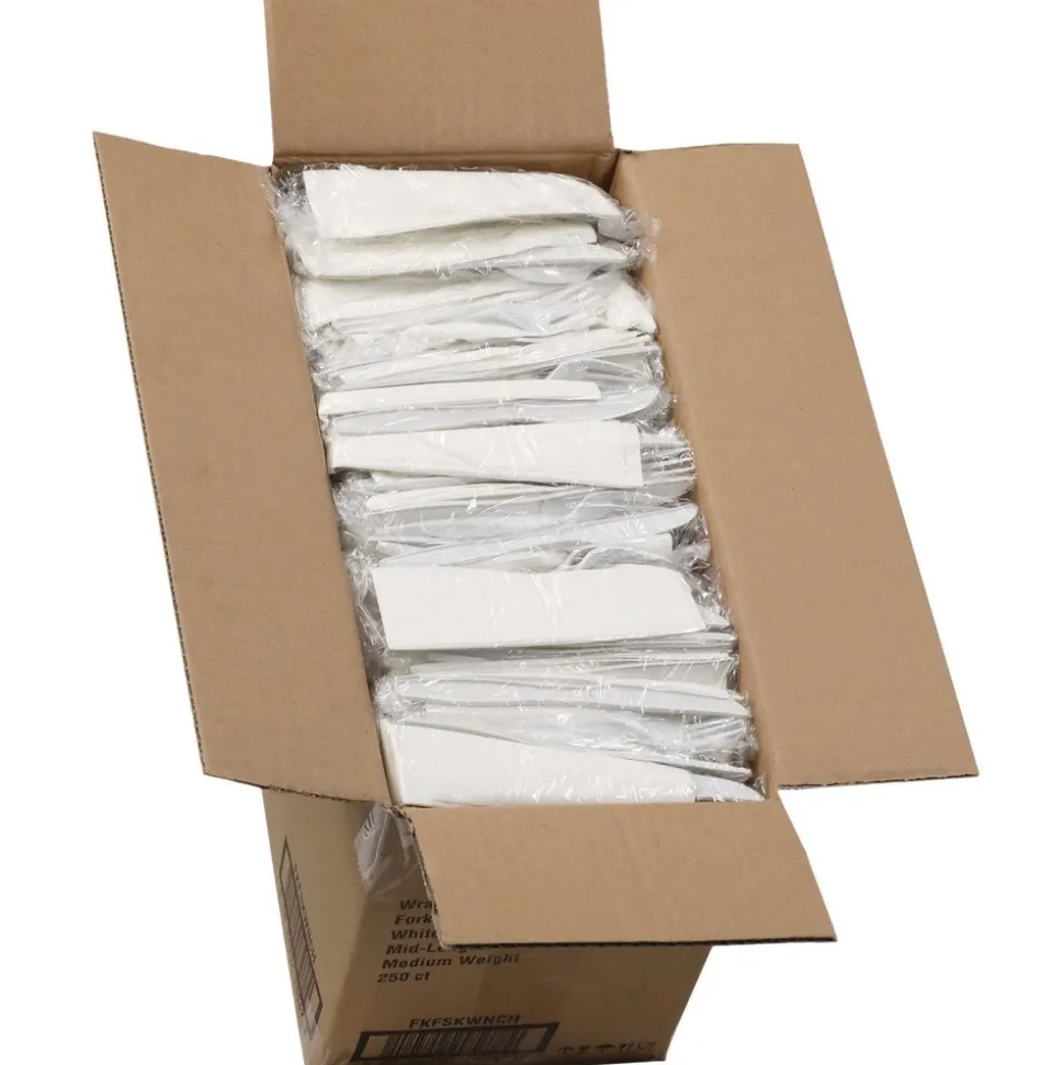 Pactiv Corp. Individually Wrapped Mediumweight Plastic Fieldware Cutlery Fork/Knife/Napkin/Spoon Kit - White (250/Carton)