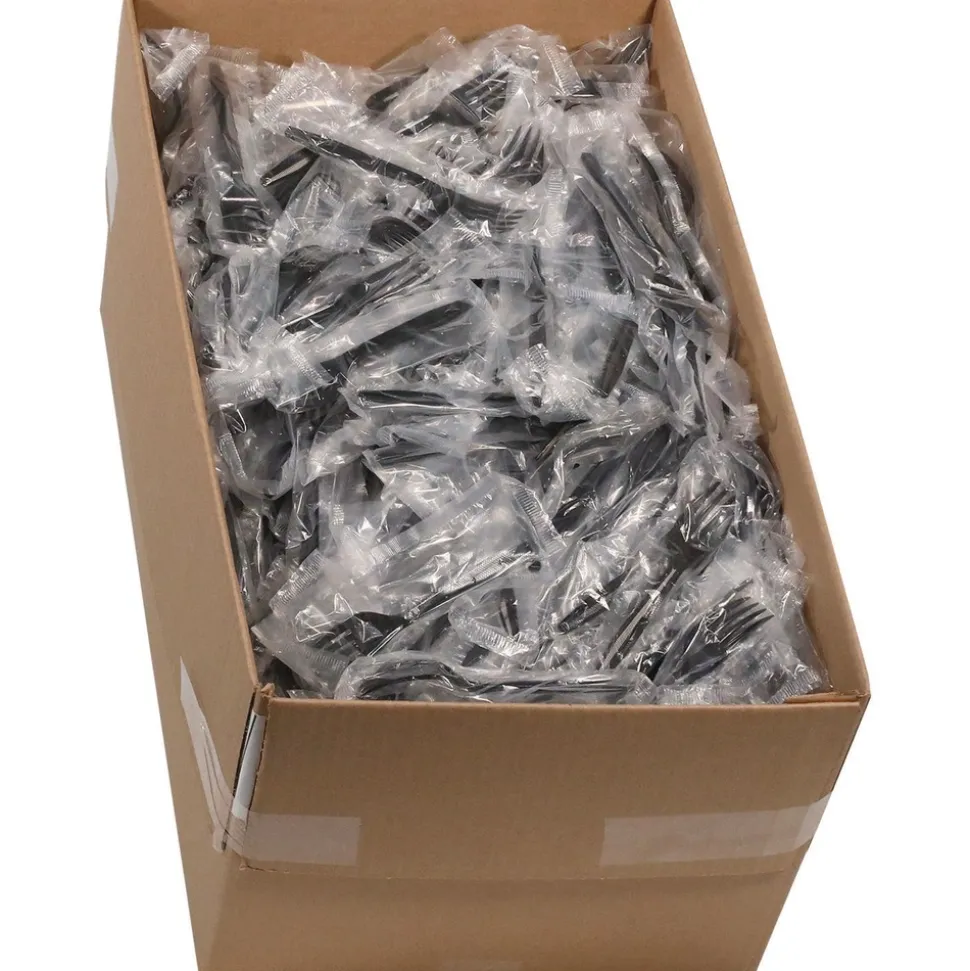 Pactiv Corp. Individually Wrapped Heavyweight Plastic Meadoware Cutlery Fork - Black (1000/Carton)