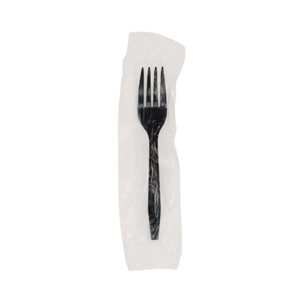 Pactiv Corp. Individually Wrapped Heavyweight Plastic Meadoware Cutlery Fork - Black (1000/Carton)
