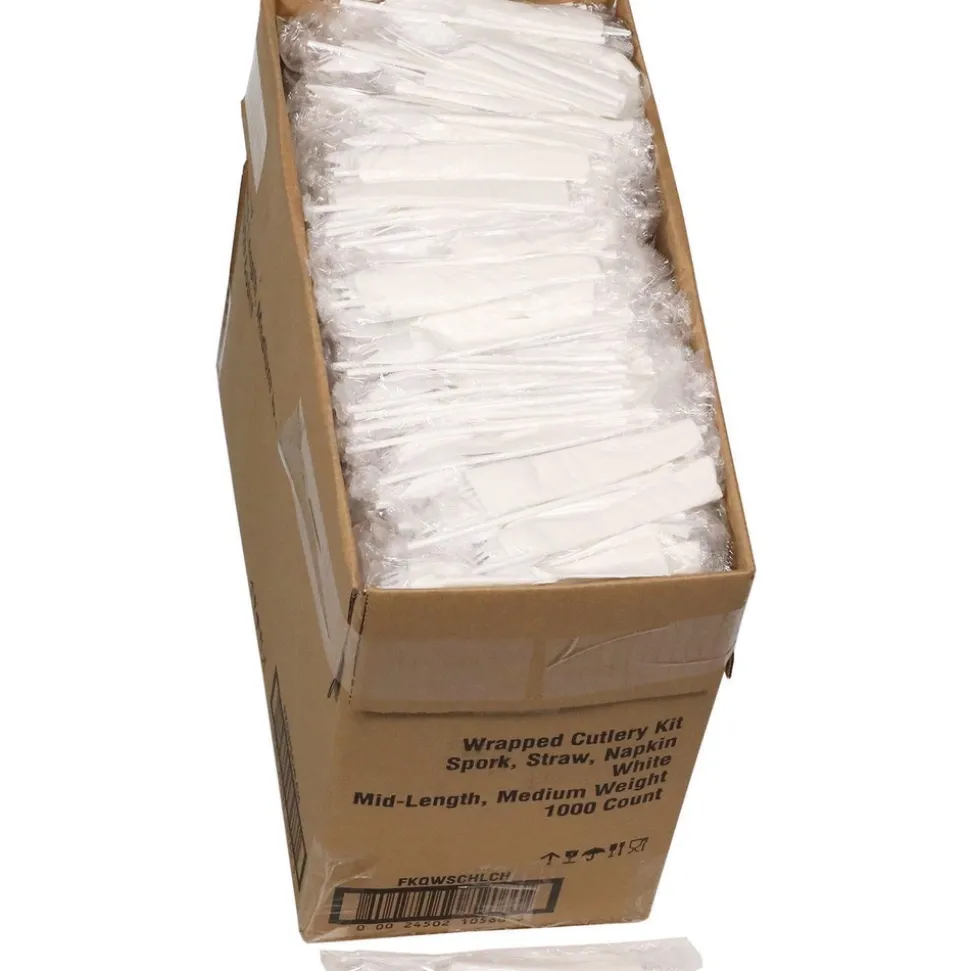 Pactiv Corp. Mediumweight Plastic Fieldware Cutlery Napkin/Spork/Straw Kit - White (1000/Carton)