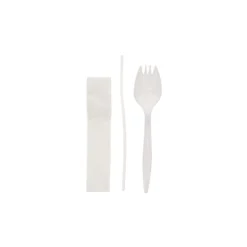 Pactiv Corp. Mediumweight Plastic Fieldware Cutlery Napkin/Spork/Straw Kit - White (1000/Carton)