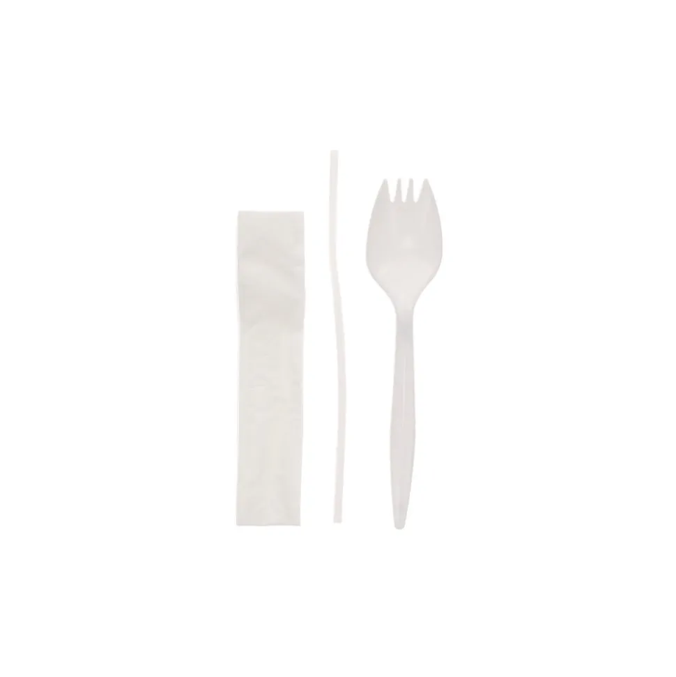 Pactiv Corp. Mediumweight Plastic Fieldware Cutlery Napkin/Spork/Straw Kit - White (1000/Carton)