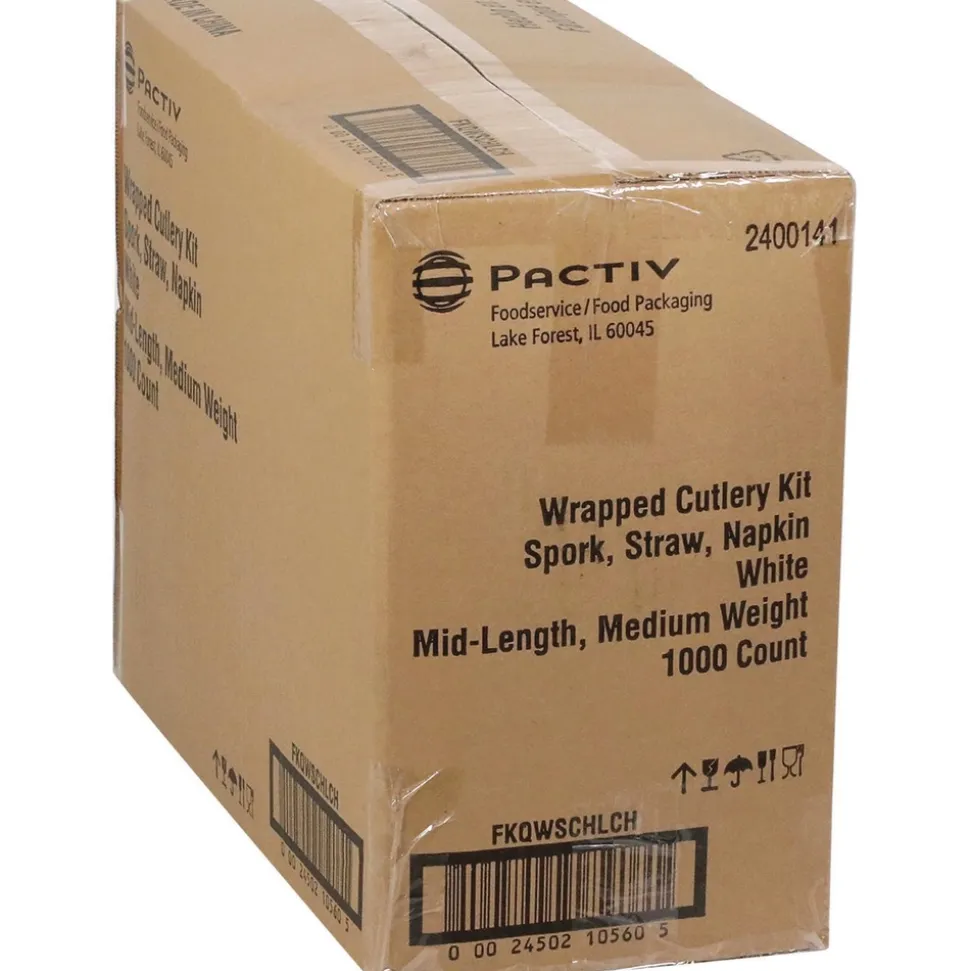 Pactiv Corp. Mediumweight Plastic Fieldware Cutlery Napkin/Spork/Straw Kit - White (1000/Carton)