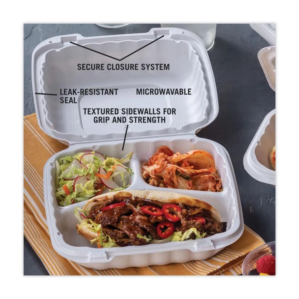 Pactiv Corp. YCN808030000 EarthChoice SmartLock 8.31 in. x 8.35 in. x 3.1 in. Microwaveable MFPP 3-Compartment Hinged Lid Containers - White (200/Carton)