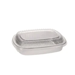 Pactiv Corp. Y6710PET 9.8 in. x 7.8 in. x 1.3 in. 46 oz. Classic Carry-Out Aluminum Container with PET Dome Lid - Silver/Clear (50/Carton)