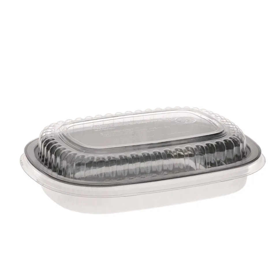Pactiv Corp. Y6708PET 8.2 in. x 6.2 in. x 1.3 in. 22 oz. Classic Carry-Out Aluminum Container with PET Dome Lid - Silver/Clear (100/Carton)