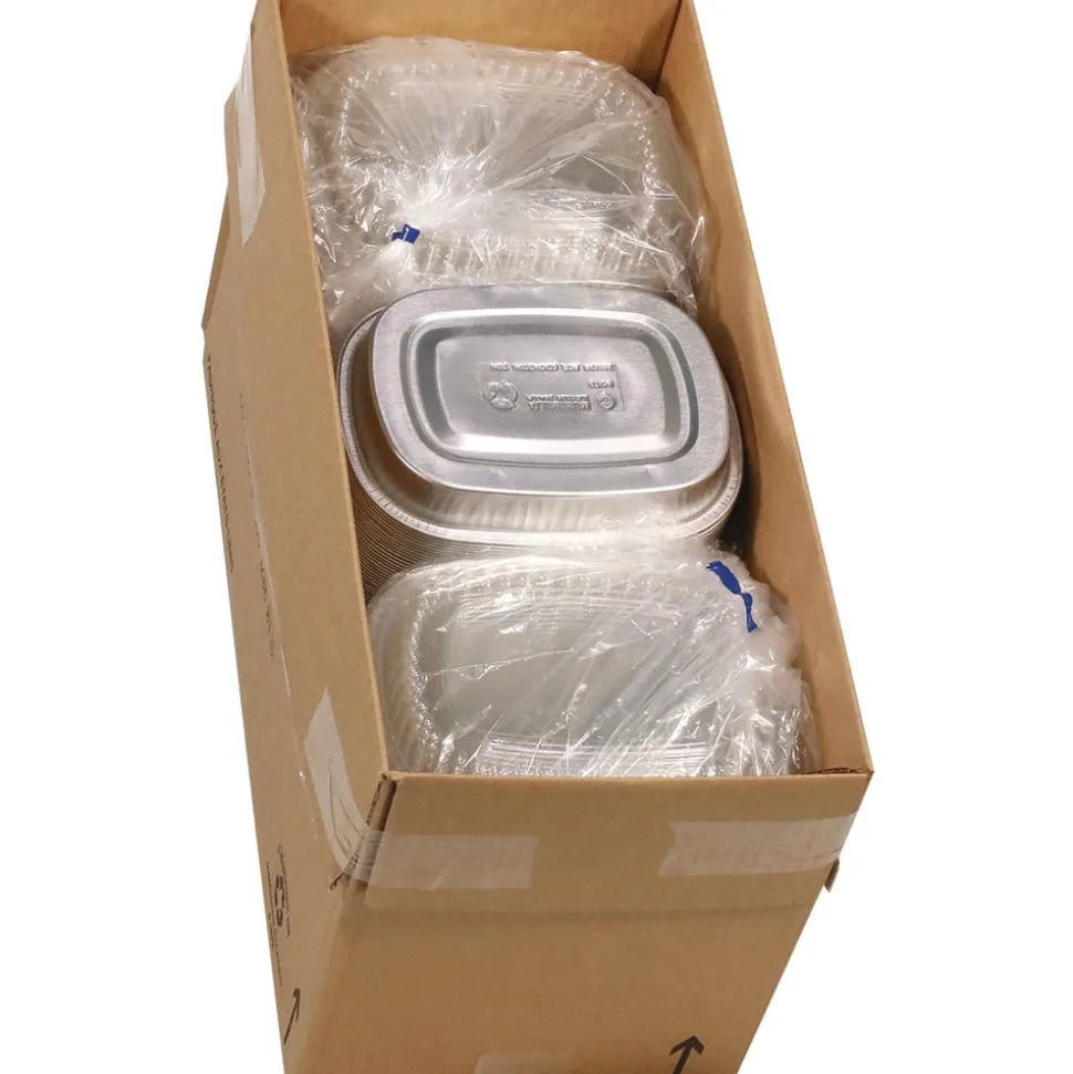Pactiv Corp. Y6708PET 8.2 in. x 6.2 in. x 1.3 in. 22 oz. Classic Carry-Out Aluminum Container with PET Dome Lid - Silver/Clear (100/Carton)