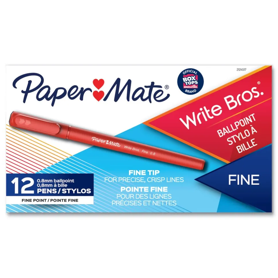 Paper Mate Fine 0.8 mm Write Bros. Stick Ballpoint Pen - Red Ink/Barrel (1-Dozen)