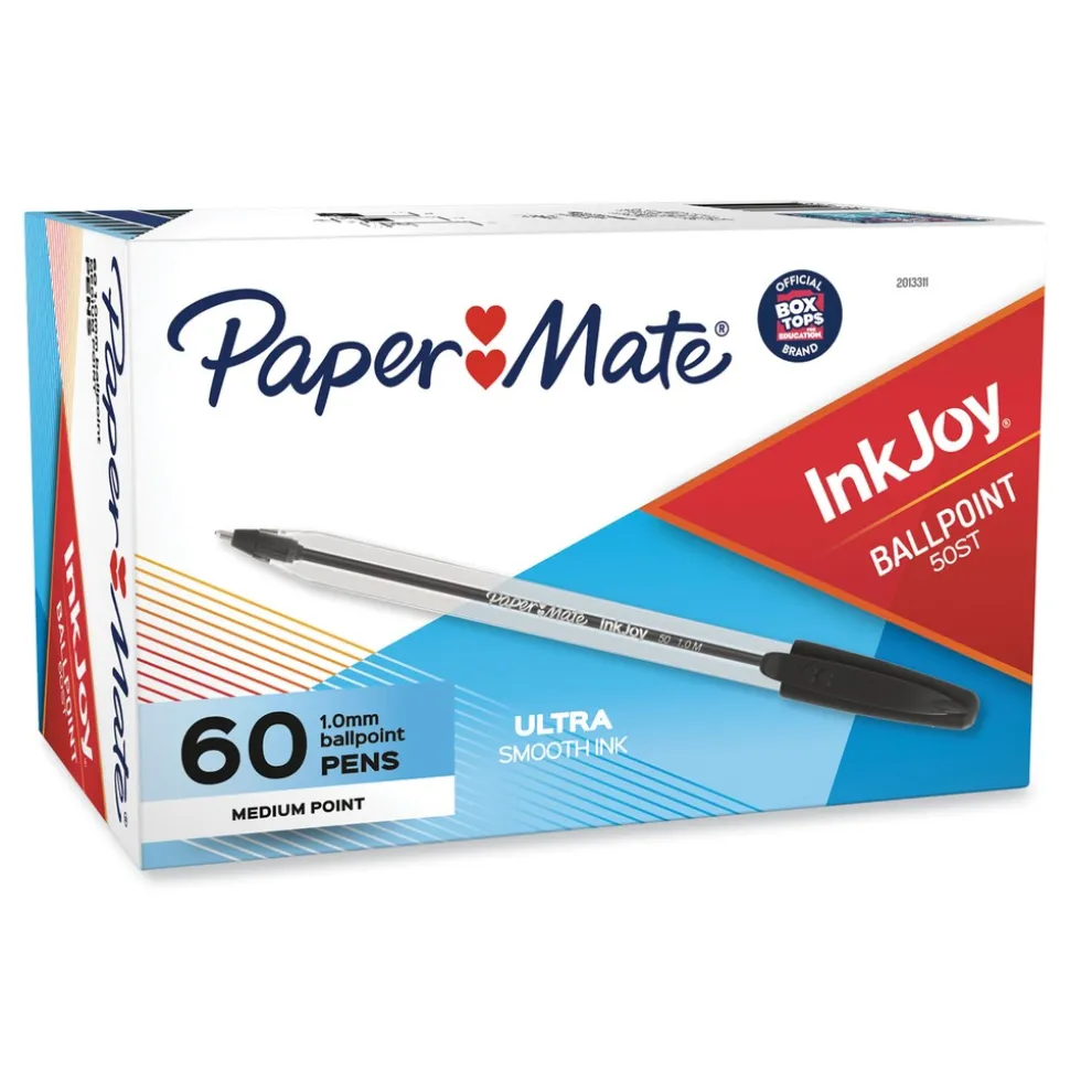 Paper Mate Medium 1 mm InkJoy 50ST Stick Ballpoint Pen - Black Ink/Clear Barrel (60/Pack)