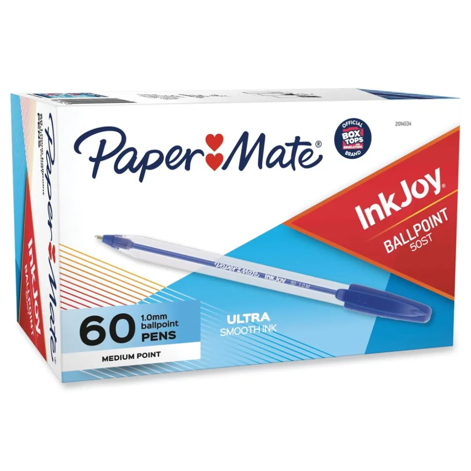 Paper Mate Medium 1 mm InkJoy 50ST Stick Ballpoint Pen - Blue Ink/Clear Barrel (60/Pack)